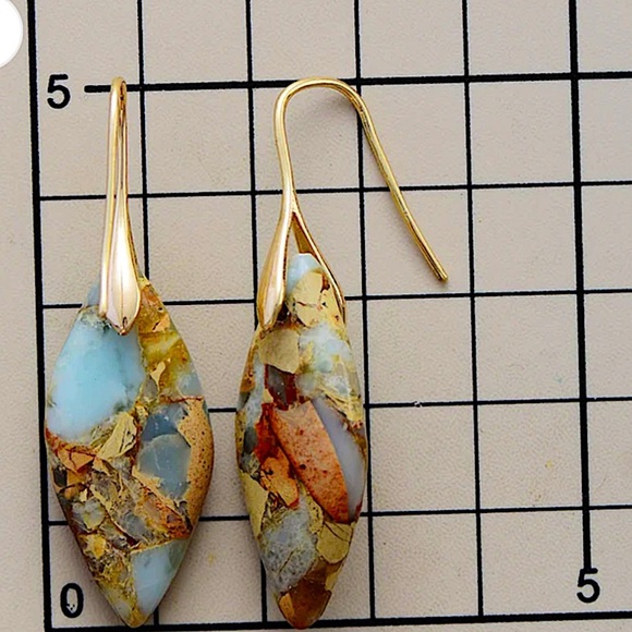Handcrafted Jasper Leaf Earrings Imperial Gemstone Dangles Stone Jewelry - Picture 3 of 3